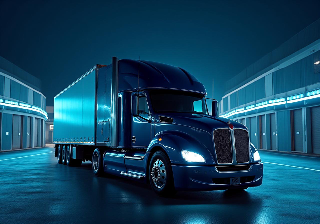 Sleek modern semi-truck moving through a illuminated transport hub at night
