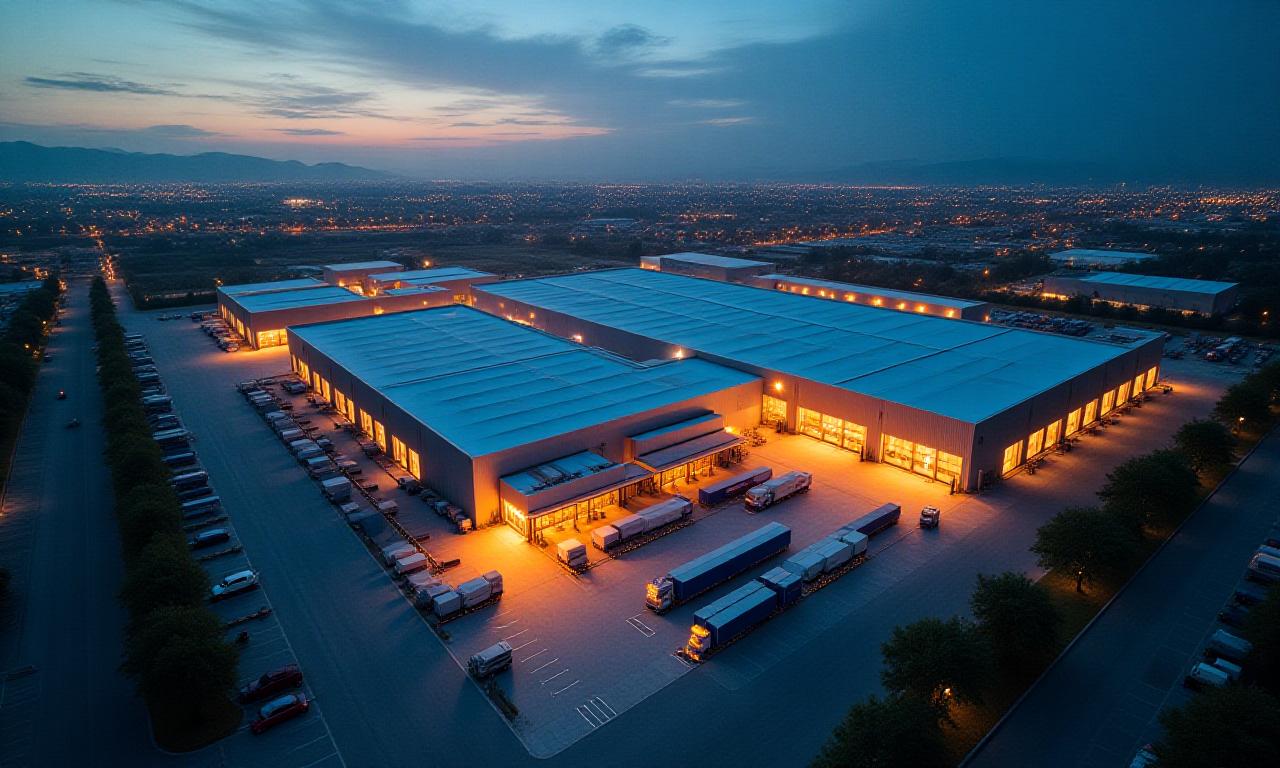 Modern logistics terminal with sunset lighting